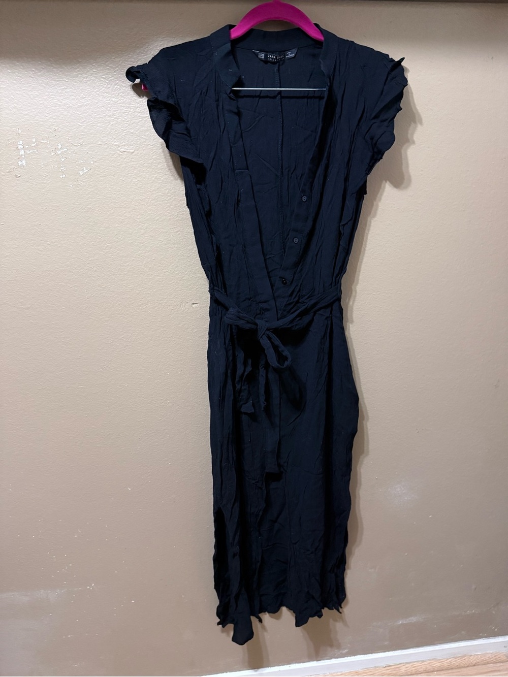 Zara Black Flutter Sleeve Wrap Midi Dress with Waist Tie
